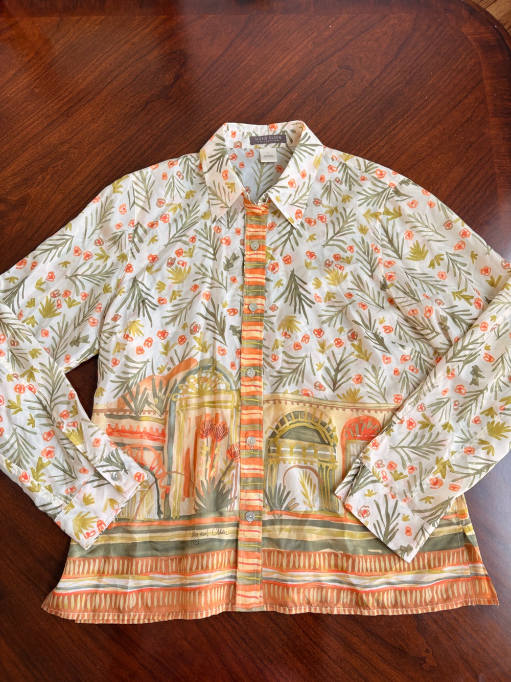 Sigrid Olsen Collection 100% Silk Floral Blouse in Light Gray with Orange & Gree